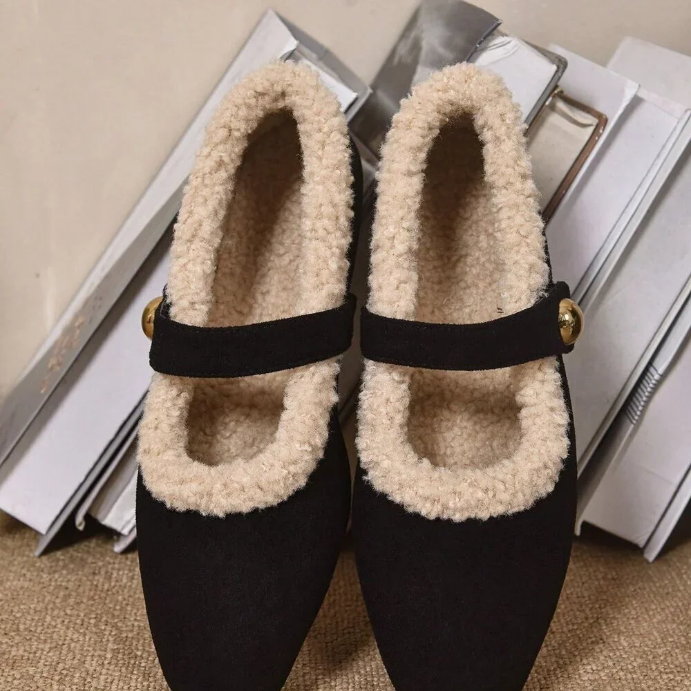 Black Elegant Women's Plus-Size Warm Thermal Lined Flat Shoes with Metal Buckle